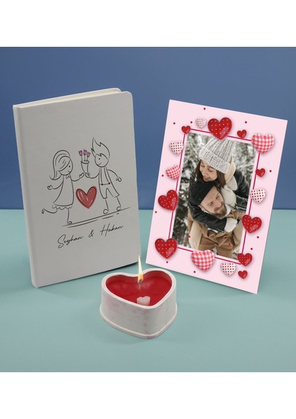 Sevgililere Özel Beyaz Defter Dekoratif Çerçeve ve Kalp Taş Obje Kokulu Mum Hediye Seti-6, Sevgiliye Hediye, Sevgililer Günü fiyatları