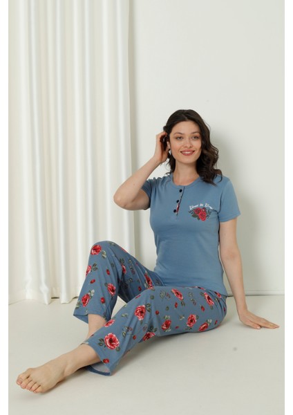 Mirano 4126 Pamuklu Kısa Kollu Çiçekli Kadın Pijama Takımı