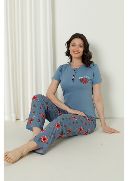 Mirano 4126 Pamuklu Kısa Kollu Çiçekli Kadın Pijama Takımı