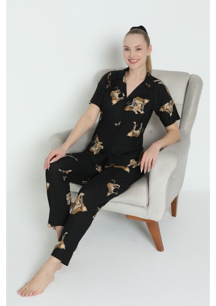 Mirano 1100 Pegasus Kumaş Düğmeli Kısa Kollu Leoparlı Kadın Pijama Takımı