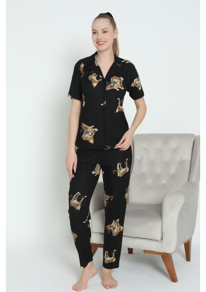 Mirano 1100 Pegasus Kumaş Düğmeli Kısa Kollu Leoparlı Kadın Pijama Takımı