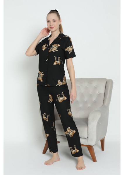Mirano 1100 Pegasus Kumaş Düğmeli Kısa Kollu Leoparlı Kadın Pijama Takımı