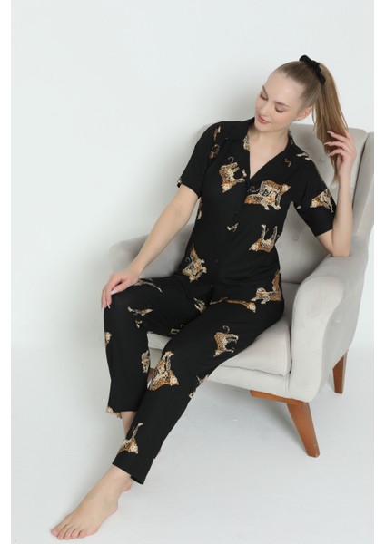 Mirano 1100 Pegasus Kumaş Düğmeli Kısa Kollu Leoparlı Kadın Pijama Takımı