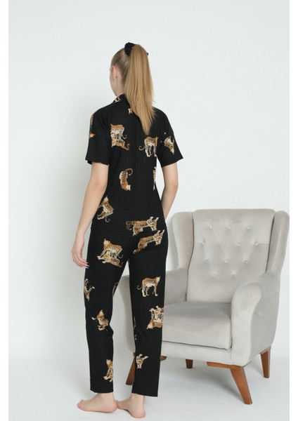 Mirano 1100 Pegasus Kumaş Düğmeli Kısa Kollu Leoparlı Kadın Pijama Takımı