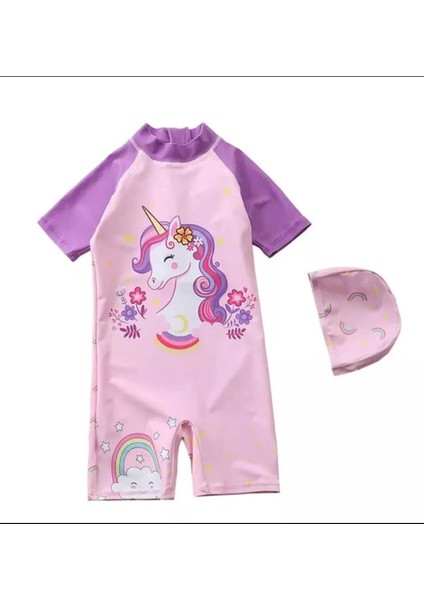 Kız Çocuk Unicorn Desenli Mayo ve Bone.tam Kalıptır. Beden Tablosunu Dikkate Alınız Lütfen. Ince Kumaş Çabuk Kuruma Özelliği Güneşten Koruma