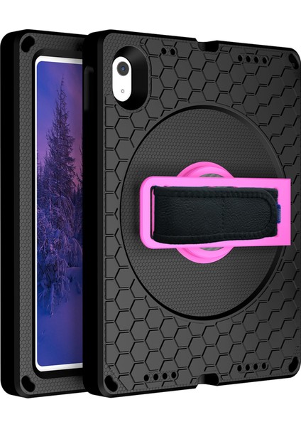 iPad 10.9(2022)EVA+PC Için Darbeye Dayanıklı Tablet Kılıfı El Kayışı Döner Kickstand Petek Dokusu Omuz Askılı Düşmeyi Önleyici Kapak-Siyah/gül (Yurt Dışından)
