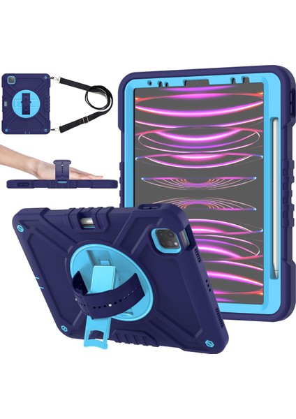 iPad Pro 11(2018)/(2020)/(2021)/(2022)/IPAD AIR(2020)/(2022)CASE Kickstand Koruyucu Kapak-Lacivert+Gök Mavisi Için X-Shaped Serisi (Yurt Dışından)