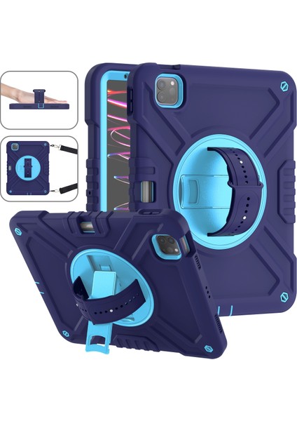 iPad Pro 11(2018)/(2020)/(2021)/(2022)/IPAD AIR(2020)/(2022)CASE Kickstand Koruyucu Kapak-Lacivert+Gök Mavisi Için X-Shaped Serisi (Yurt Dışından)