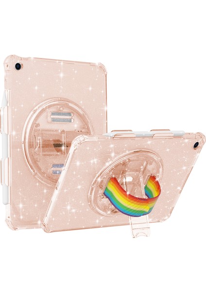 iPad 10.2(2021) Için Döner El Kayışı Kickstand Tablet Kılıfı Tpu+Pc Omuz Askılı Tablet Kılıfı-Glitter Gold (Yurt Dışından)