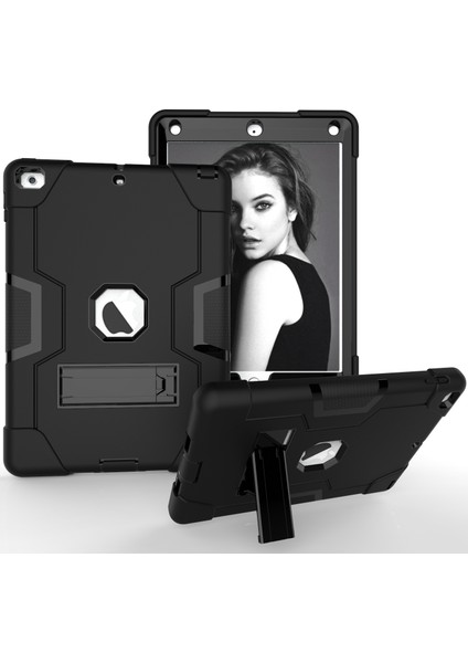 iPad 9.7(2018)/9.7(2017)-SIYAH Için Çift Renkli Pc+Silikon Hibrit Kickstand Tablet Kılıfı (Yurt Dışından)