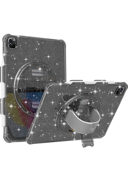 iPad Pro 11(2018)/(2020)/(2021)/(2022)TPU+PC Tablet Kılıfı Için Döner El Kayışı Kickstand Tablet Kapağı-Glitter Siyah (Yurt Dışından)