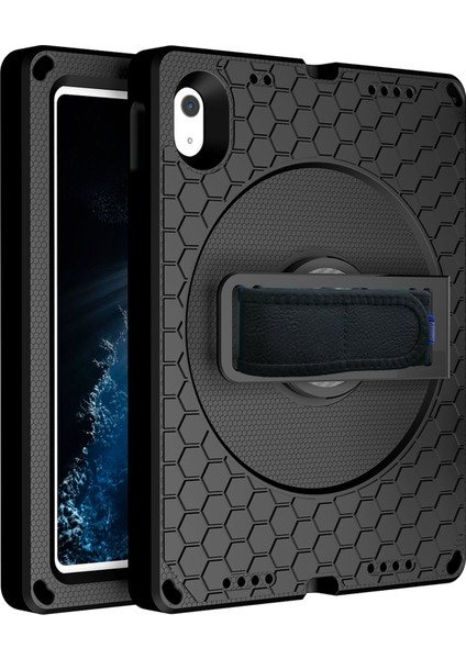 iPad 10.9(2022)EVA+PC Için Darbeye Dayanıklı Tablet Kılıfı El Kayışı Döner Kickstand Petek Dokusu Omuz Askılı Düşmeyi Önleyici Kapak-Tamamen Siyah (Yurt Dışından)