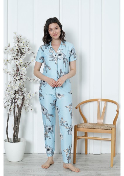 Mirano 2058 Likralı Düğmeli Kısa Kollu Kadın Pijama Takımı