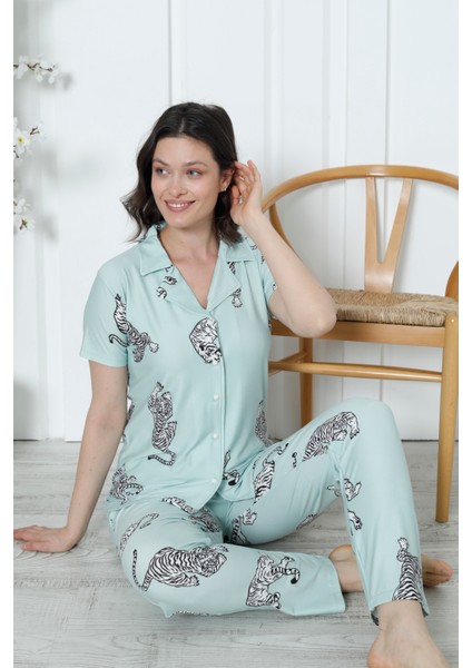 Mirano 2058 Likralı Düğmeli Kısa Kollu Kadın Pijama Takımı