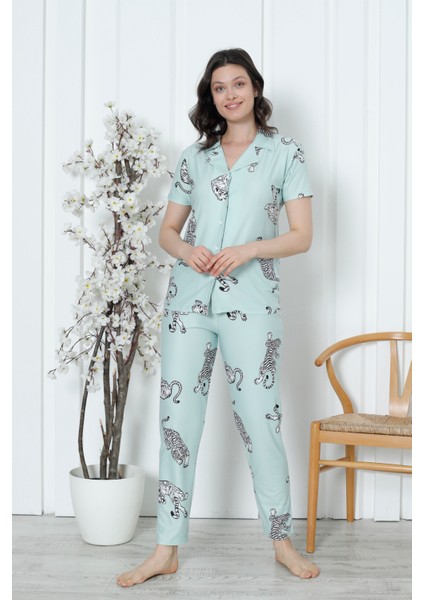 Mirano 2058 Likralı Düğmeli Kısa Kollu Kadın Pijama Takımı