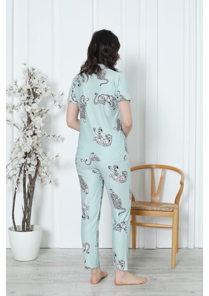 Mirano 2058 Likralı Düğmeli Kısa Kollu Kadın Pijama Takımı