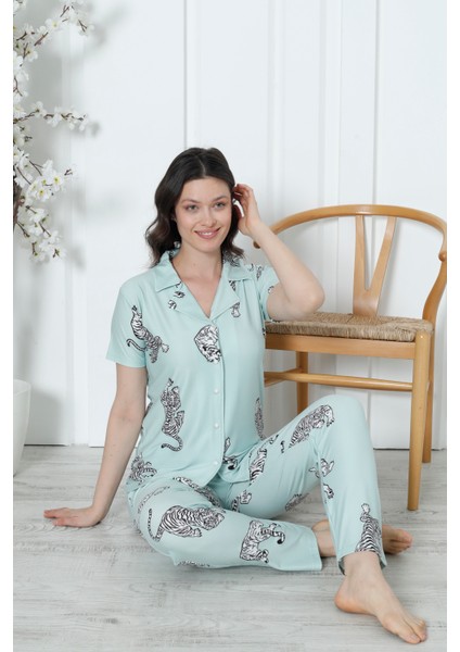 Mirano 2058 Likralı Düğmeli Kısa Kollu Kadın Pijama Takımı