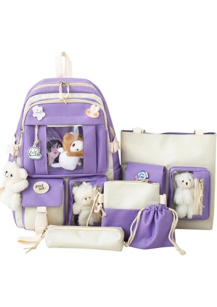 Lise Öğrencisi Büyük Kapasiteli Ortaokul Kız Kız Kalp Öğrenci Dayanıklı Sırt Çantası Beş Parçalı Set (Yurt Dışından)