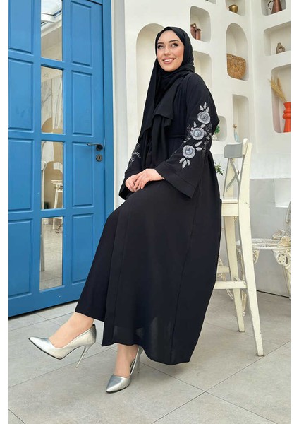 Nakış Işleme Detaylı Bel Kuşaklı Abaya 7898 Siyah modelleri