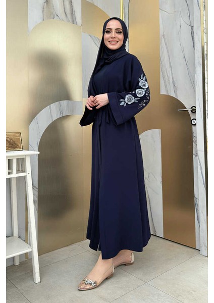 Bym Fashion Nakış Işleme Detaylı Bel Kuşaklı Abaya 7898 Lacivert