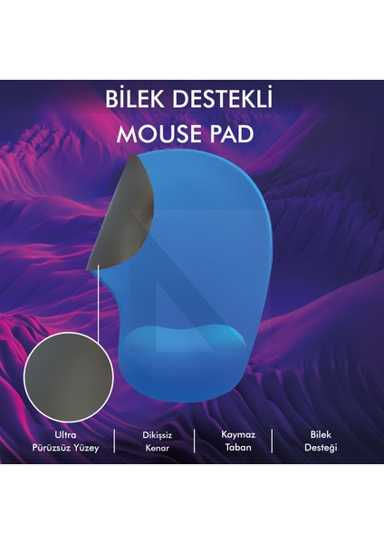 MP01 - Mavi Elips Bilek Destekli Mouse Pad | Konforlu, Kaymaz Taban, Ergonomik, Yumuşak, Ev,Ofis