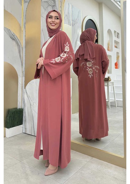 Nakış Işleme Detaylı Bel Kuşaklı Abaya 7898 Gül Kurusu modelleri