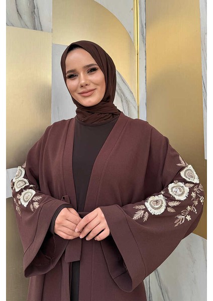 Bym Fashion Nakış Işleme Detaylı Bel Kuşaklı Abaya 7898 Kahverengi