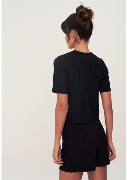 Crop Pijama Sort Takim - Siyah