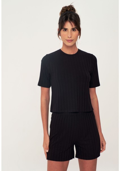 Crop Pijama Sort Takim - Siyah