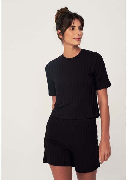 Crop Pijama Sort Takim - Siyah