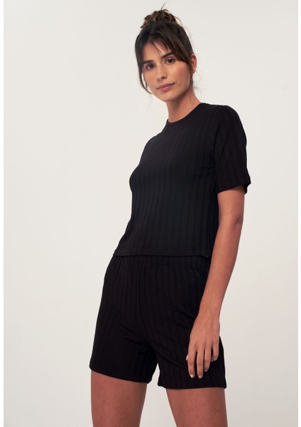 Crop Pijama Sort Takim - Siyah