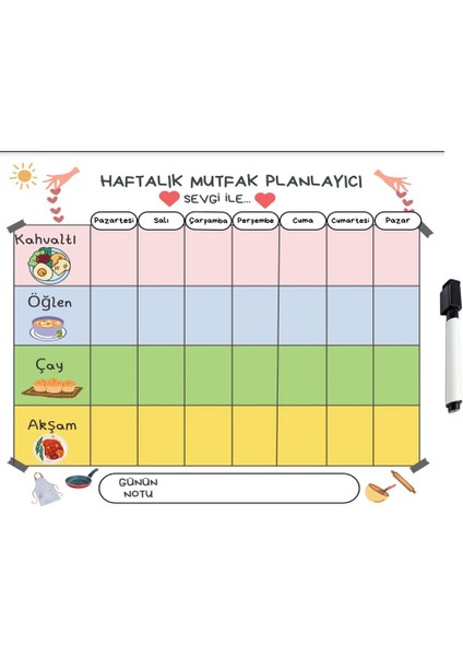 Manyetik Mıknatıslı Haftalık Menü Planlayıcı Magnet Mıknatıslı Yazı Tahtası  30x50 cm +1 Kalem