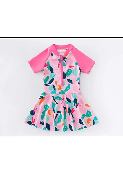 Kız Çocuk Etekli Şortlu Pembe Mor Renkli Önü Fermuarlı Mayo.