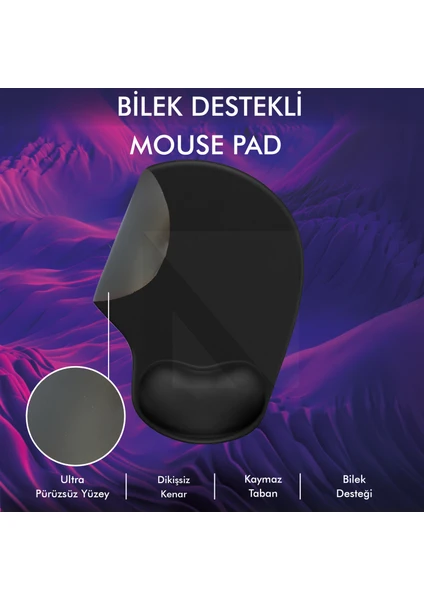 Active Team - MP001 - Siyah Elips Bilek Destekli Mouse Pad | Konforlu, Kaymaz Taban, Ergonomik, Yumuşak, Ev,Ofis