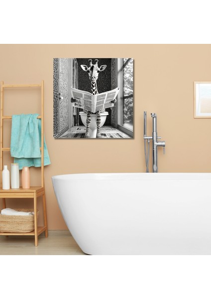 Tekli Kare Kanvas Banyo Tablosu Gazete Okuyan Siyah Beyaz Zürafa