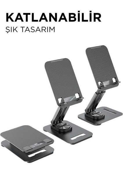 JX-035 Siyah Katlanabilir, Yükseklik Ayarlı Masaüstü Telefon ve Tablet Standı Metal Tablet / Telefon Tutucu