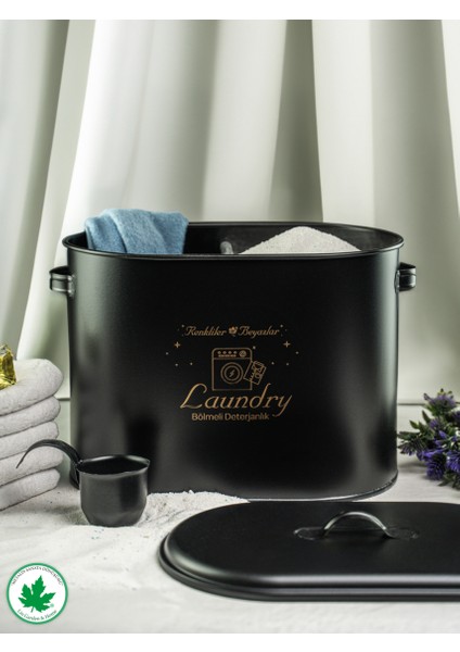 Lin Metal Bölmeli Metal Kapaklı Ölçekli Deterjanlık, Toz Deterjanlık Saklama, Banyo Düzenleyici, (Laundry Baskılı) LN1258