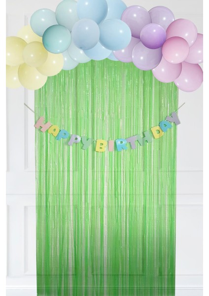 Makaron Balon Zinciri Seti Fon Perdeli Bannerlı Doğum Günü Makaron Balon Zincir Paketi