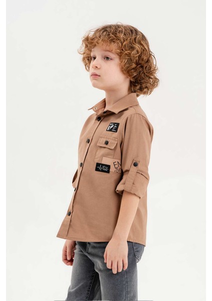 Gold Class Kidswear Çıtçıtlı Arma Baskılı Ayarlanabilir Kol Erkek Çocuk Gömlek