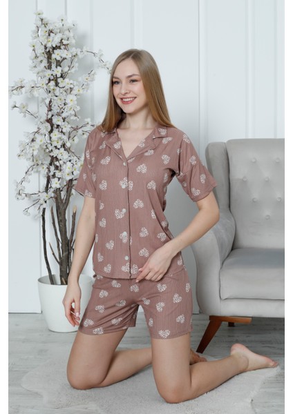 Mirano 1202 Likralı Pegasus Kumaş Düğmeli Şortlu Kadın Kalpli Pijama Takımı fırsatları