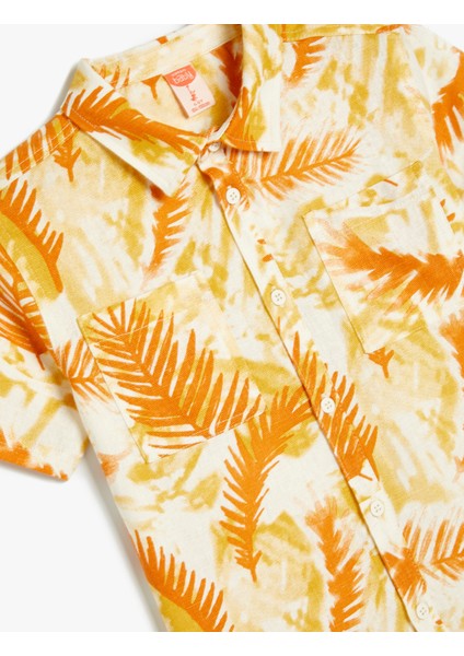 Keten Gömlek Kısa Kollu Yaprak Desenli Tek Cepli modelleri