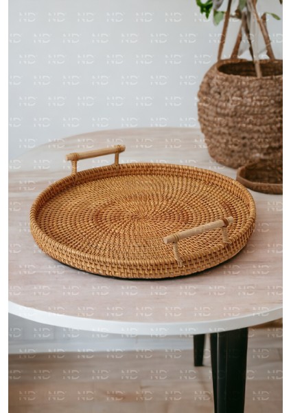 Naturel Home Bohem Rattan Kulplu Hasır Tepsi 35, Iskandinav, Modern