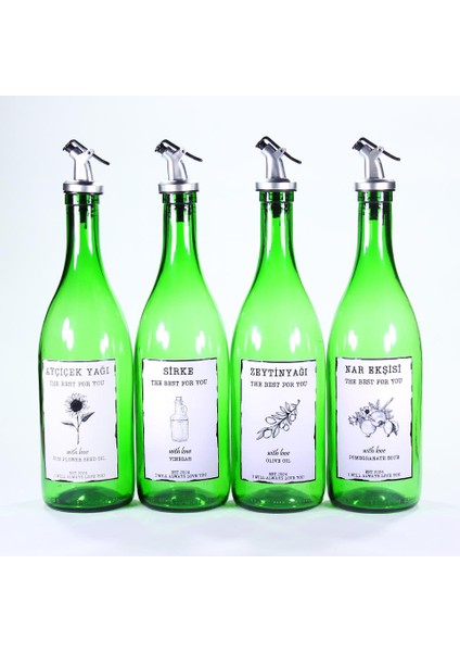 4'lü Yağdanlık Sosluk Sirkelik Seti Özel Akıtıcılı Çimen Yeşili Ayçiçek, Sirke, Zeytinyağı, Nar Ekşisi Etiketli 4X750 ml Avantaj Paketi