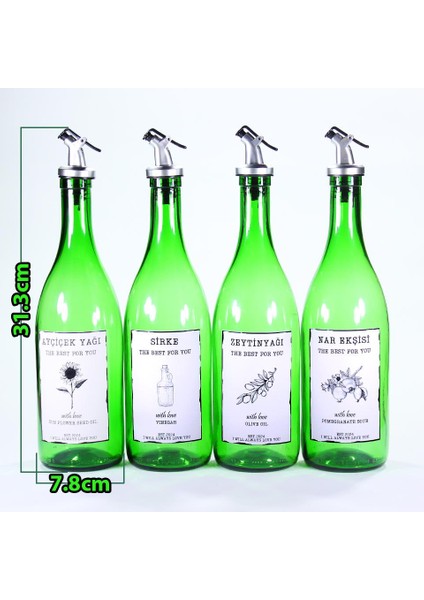 4'lü Yağdanlık Sosluk Sirkelik Seti Özel Akıtıcılı Çimen Yeşili Ayçiçek, Sirke, Zeytinyağı, Nar Ekşisi Etiketli 4X750 ml Avantaj Paketi