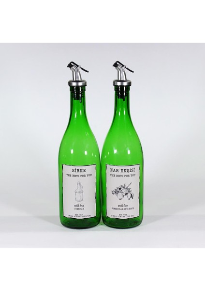 2'li Yağdanlık Sosluk Sirkelik Seti Özel Akıtıcılı Çimen Yeşili Sirke, Nar Ekşisi Etiketli 2X750 ml Avantaj Paketi