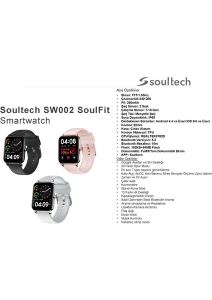 Soulfit SW002G Sesli Görüşme Destekli (Ios/android) Akıllı Saat Gümüş