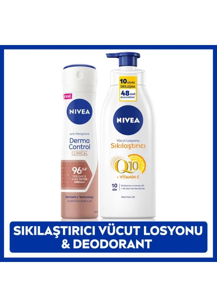 Q10 Sıkılaştırıcı Vücut Losyonu 200ML ve Kadın Sprey Deodorant Derma Control Clinical 150ML