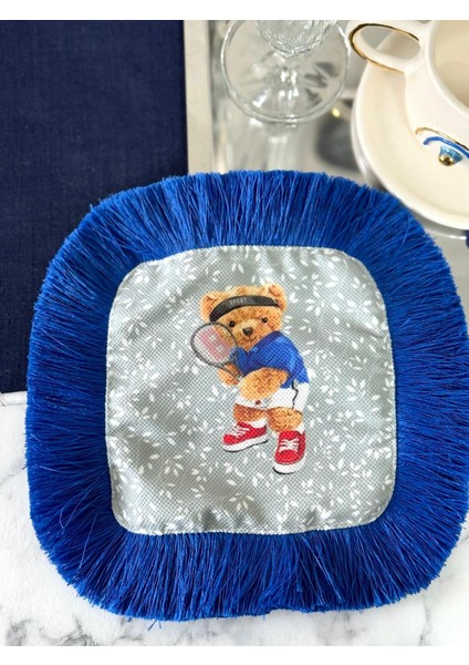 Kahve Yanı Sunum Peçetesi, Mavi Ayıcık Desenli Peçete, Püsküllü Kokteyl Peçetesi, Teddy Bear Peçete