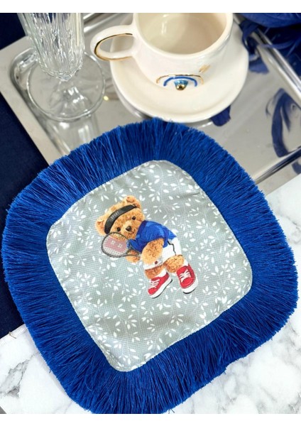 Kahve Yanı Sunum Peçetesi, Mavi Ayıcık Desenli Peçete, Püsküllü Kokteyl Peçetesi, Teddy Bear Peçete