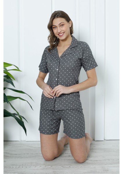 Mirano 1201 Pegasus Kumaş Düğmeli Şortlu Likralı Kadın Pijama Takımı